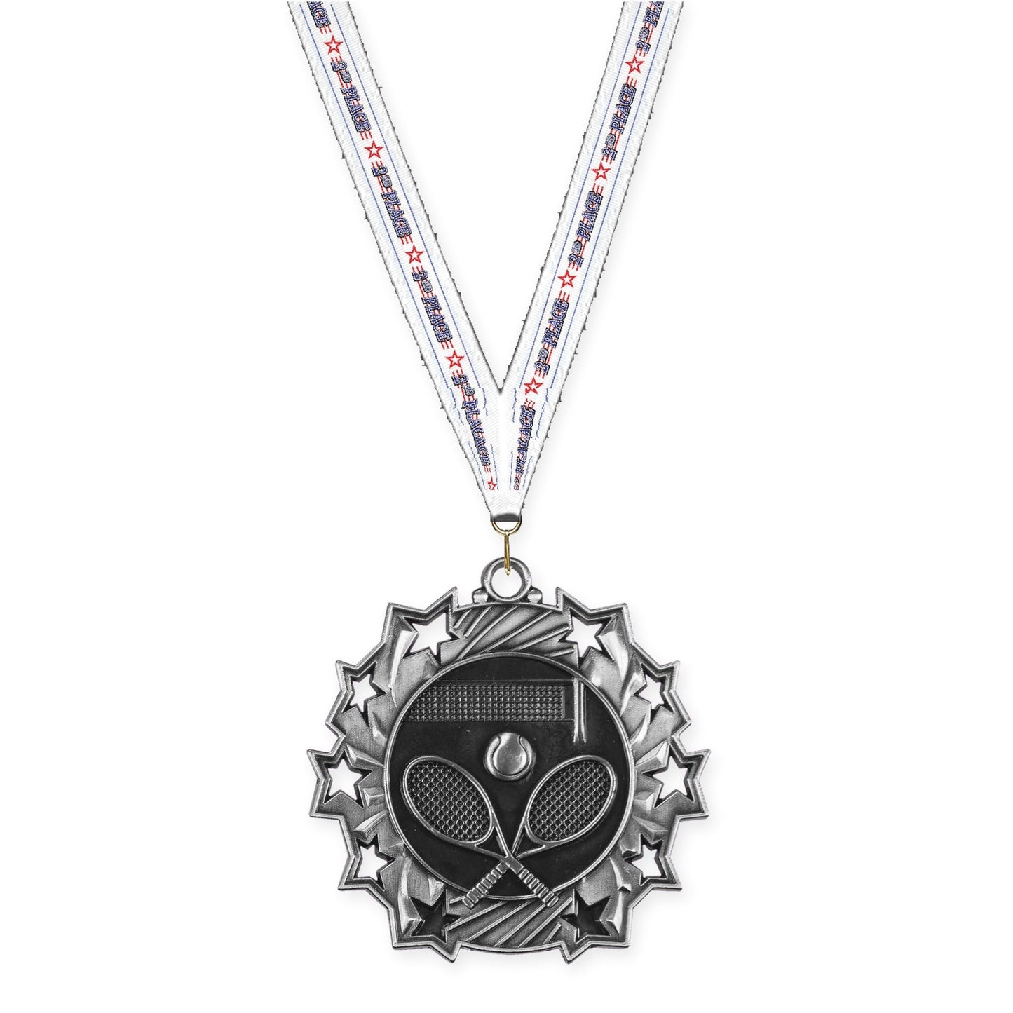 2 1/4 inch tennis Ten Star medal in antique silver with 2nd Place neck ribbon