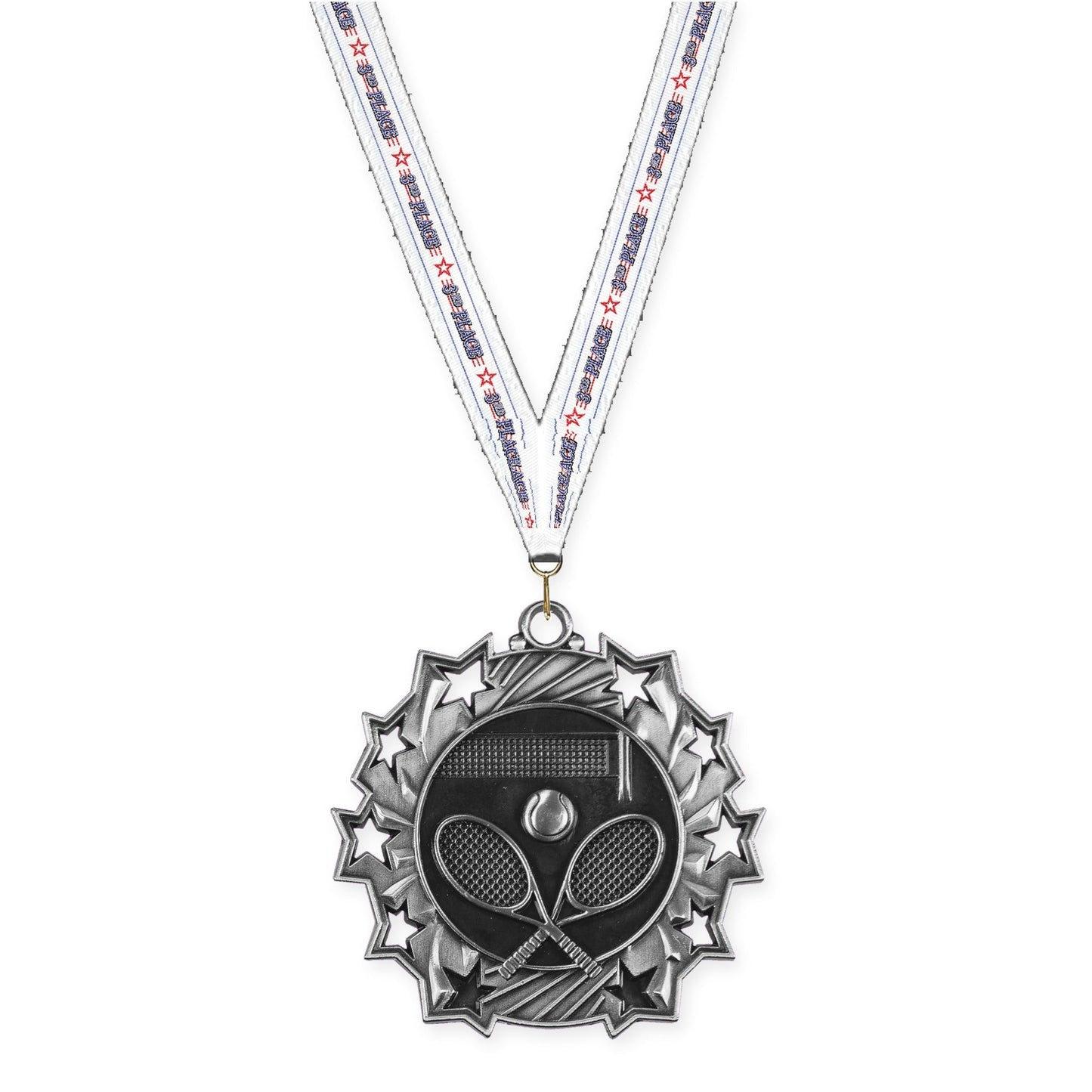 2 1/4 inch tennis Ten Star medal in antique silver with 3rd Place neck ribbon