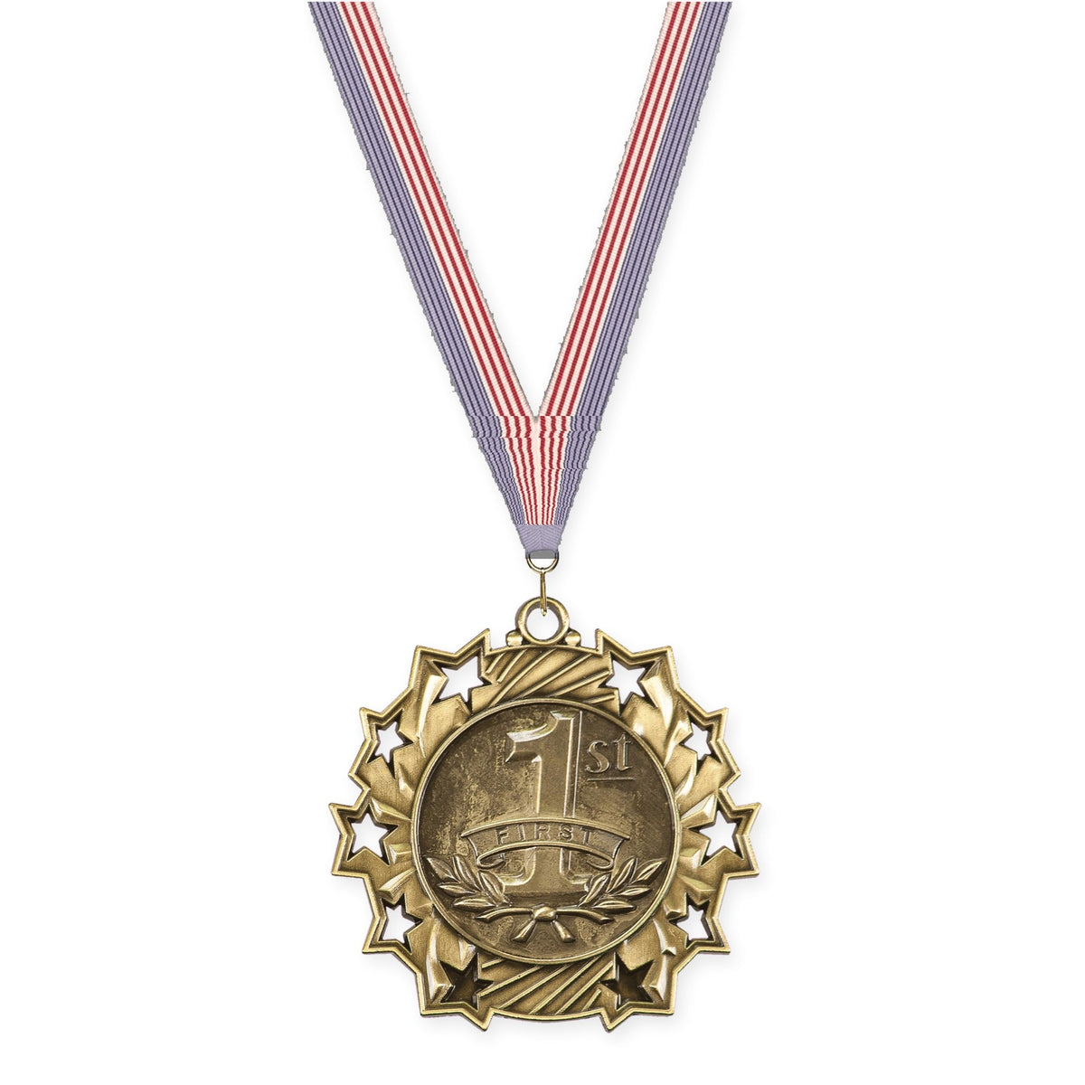 2 1/4 inch Place Ten Star medal in gold - 1st place with USA Flag neck ribbon