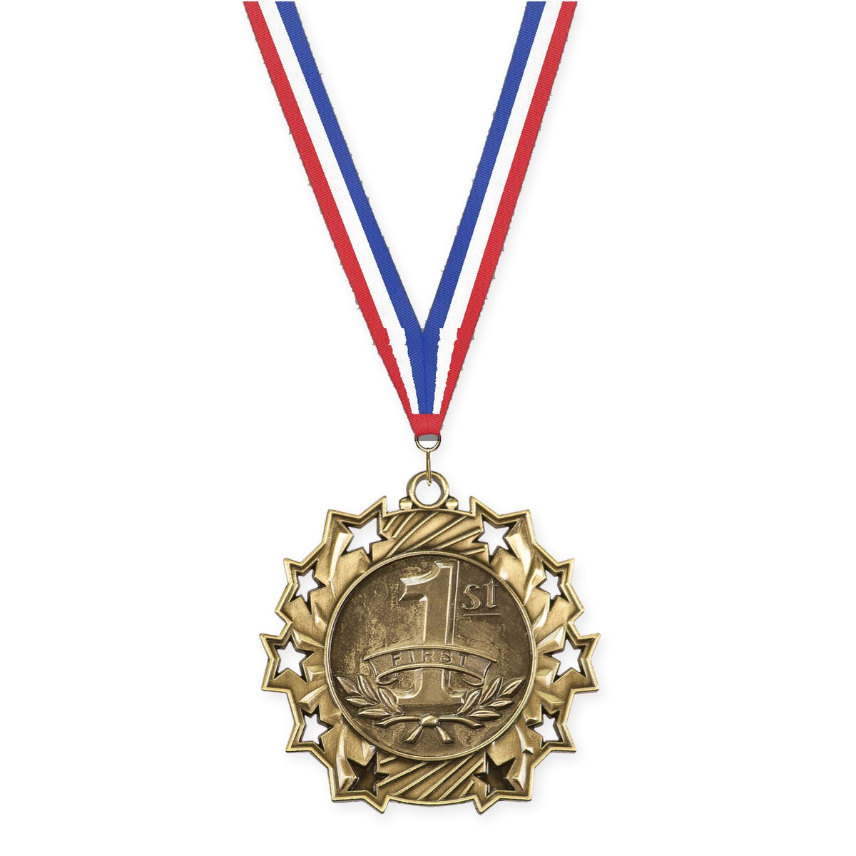 2 1/4 inch Place Ten Star medal in gold - 1st place with Red White Blue neck ribbon