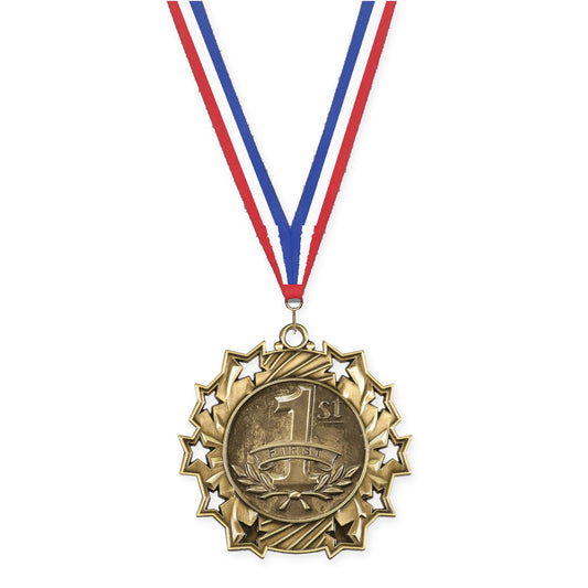 2 1/4 inch Place Ten Star medal in gold - 1st place with Red White Blue neck ribbon