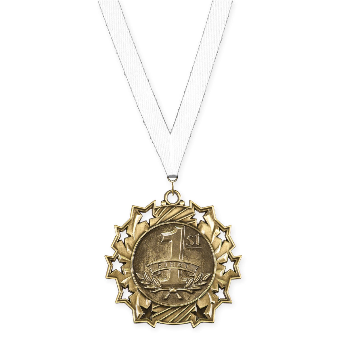 2 1/4 inch Place Ten Star medal in gold - 1st place with White neck ribbon
