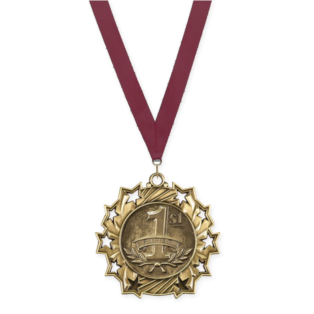 2 1/4 inch Place Ten Star medal in gold - 1st place with Maroon neck ribbon