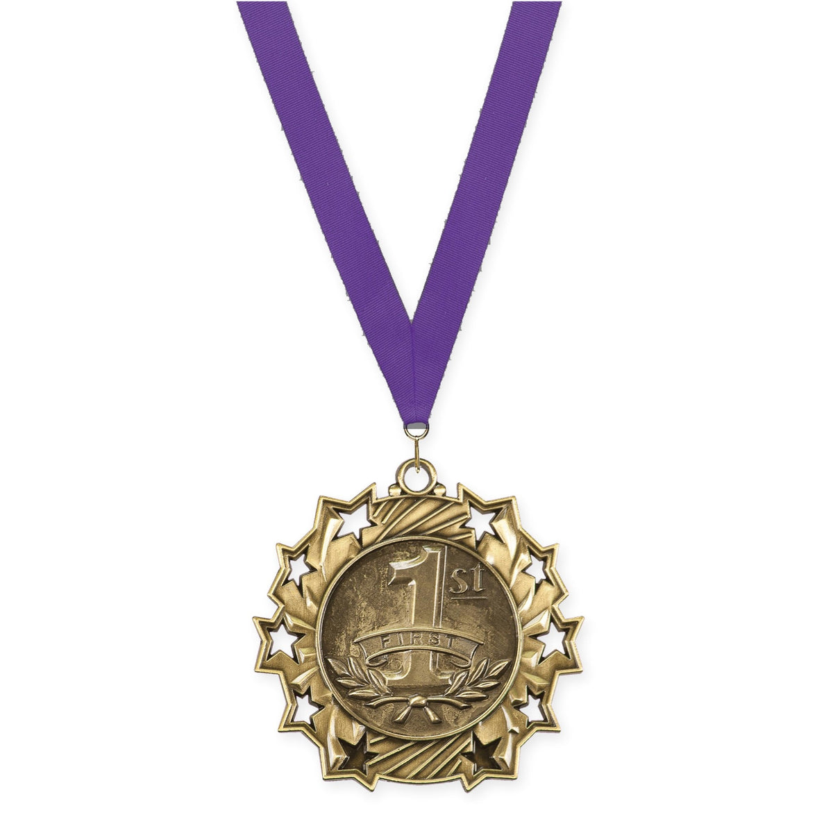 2 1/4 inch Place Ten Star medal in gold - 1st place with Purple neck ribbon