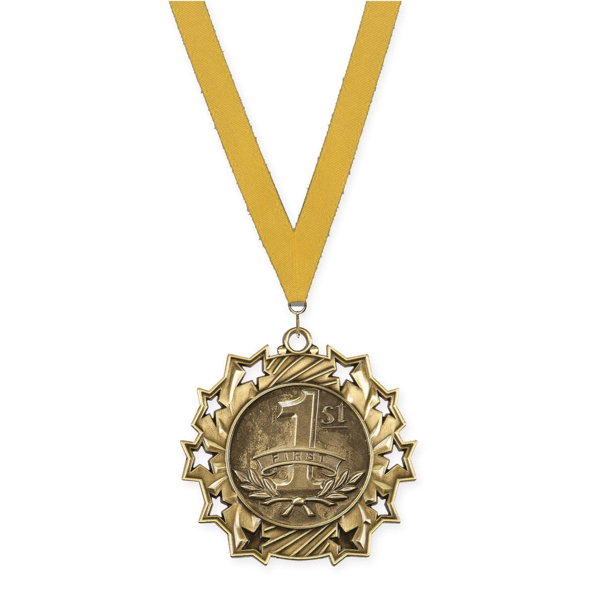 2 1/4 inch Place Ten Star medal in gold - 1st place with Gold neck ribbon