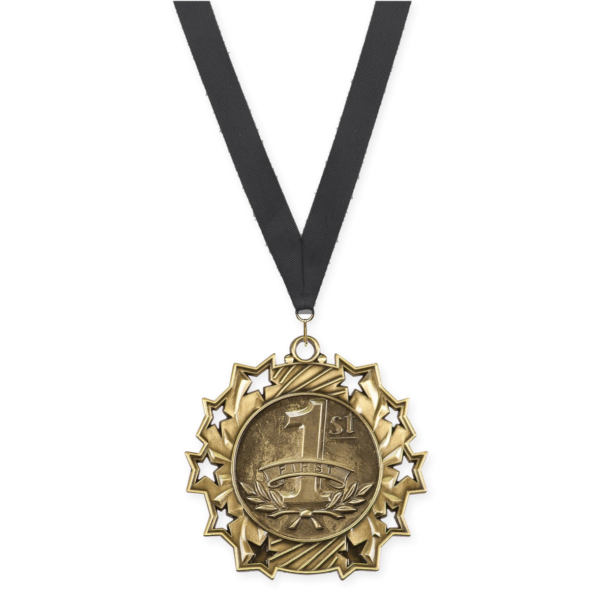 2 1/4 inch Place Ten Star medal in gold - 1st place with Black neck ribbon