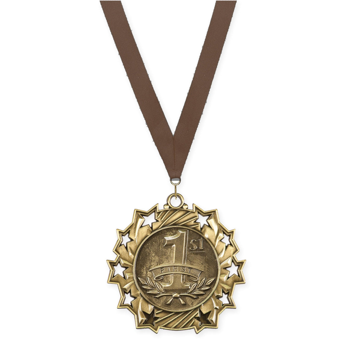 2 1/4 inch Place Ten Star medal in gold - 1st place with Brown neck ribbon