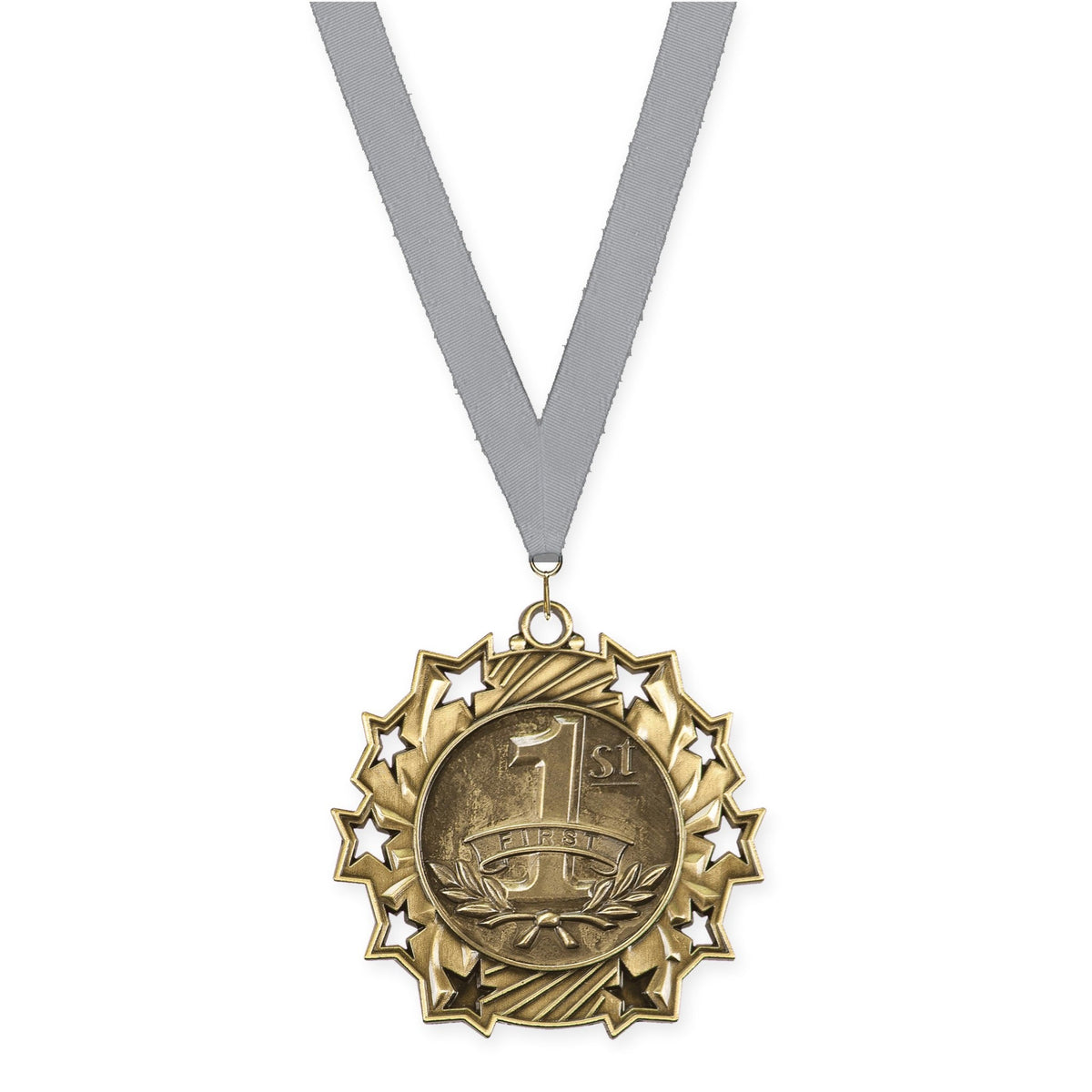 2 1/4 inch Place Ten Star medal in gold - 1st place with Gray neck ribbon