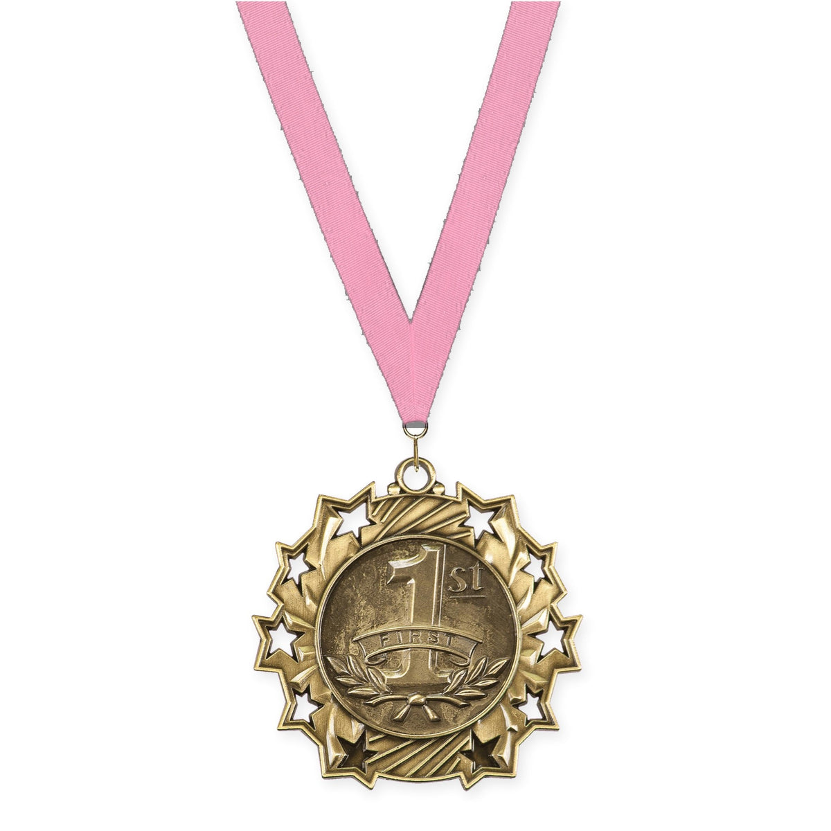 2 1/4 inch Place Ten Star medal in gold - 1st place with Pink neck ribbon