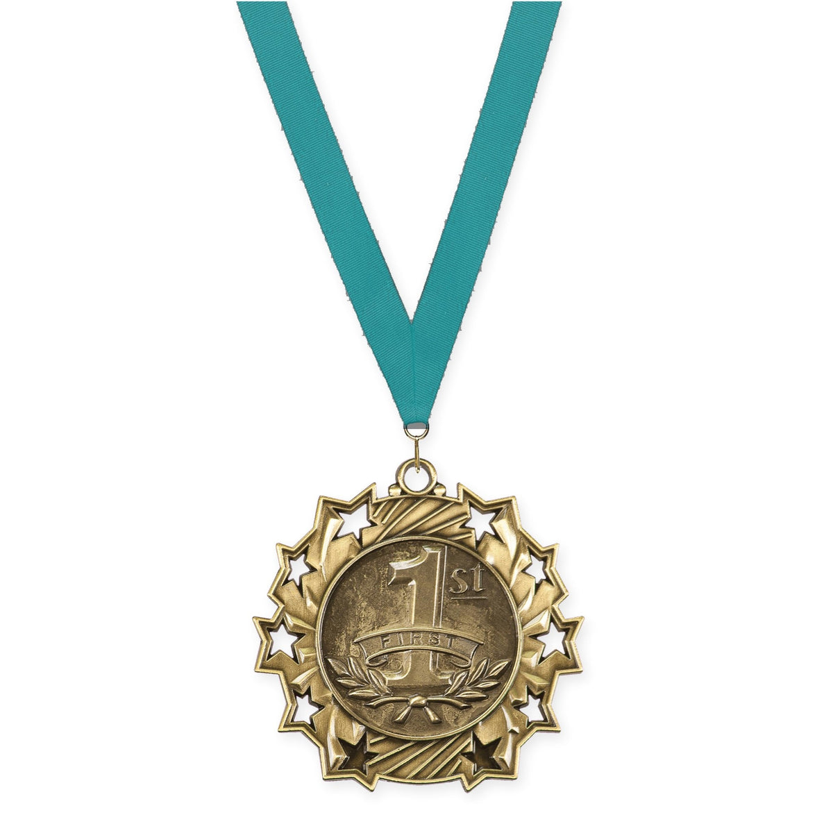 2 1/4 inch Place Ten Star medal in gold - 1st place with Teal neck ribbon