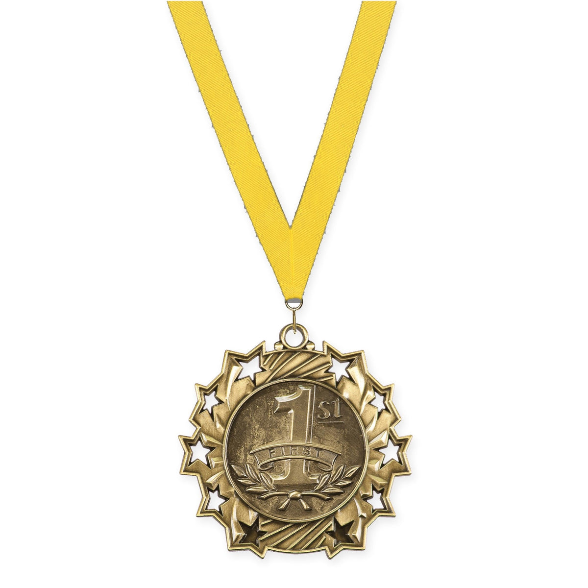 2 1/4 inch Place Ten Star medal in gold - 1st place with Yellow neck ribbon