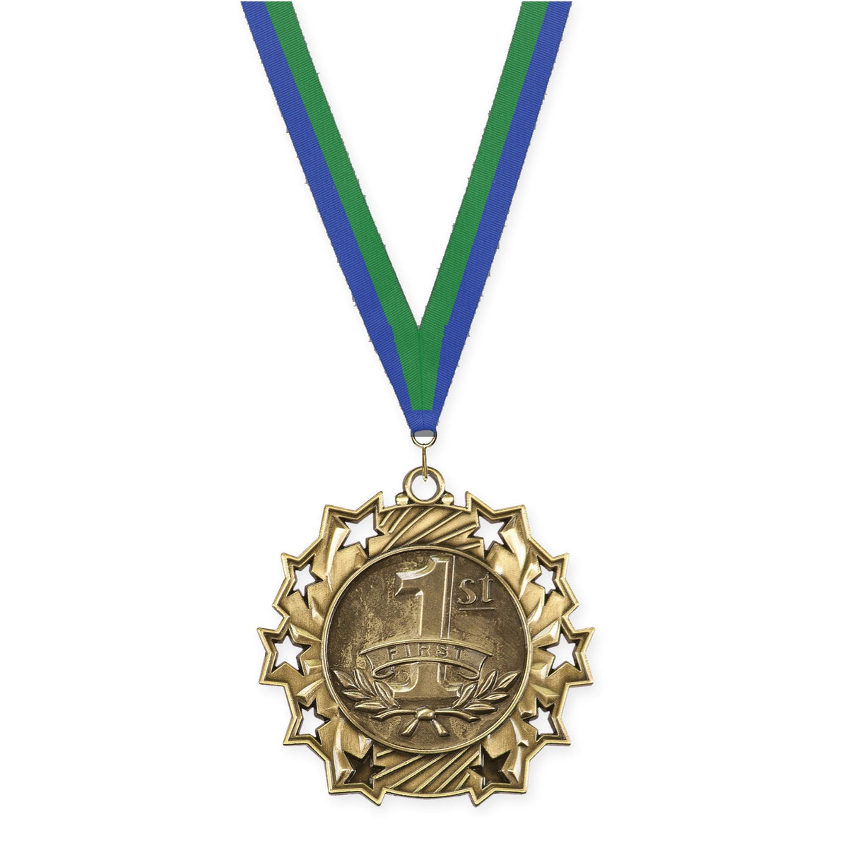 2 1/4 inch Place Ten Star medal in gold - 1st place with Blue Green neck ribbon