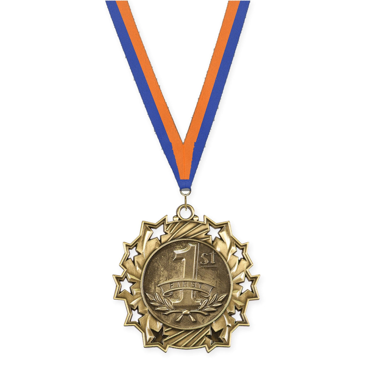 2 1/4 inch Place Ten Star medal in gold - 1st place with Blue Orange neck ribbon