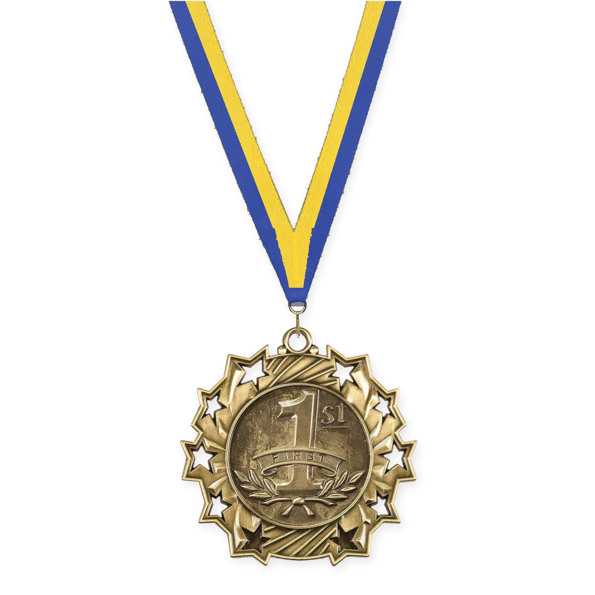 2 1/4 inch Place Ten Star medal in gold - 1st place with Blue Yellow neck ribbon
