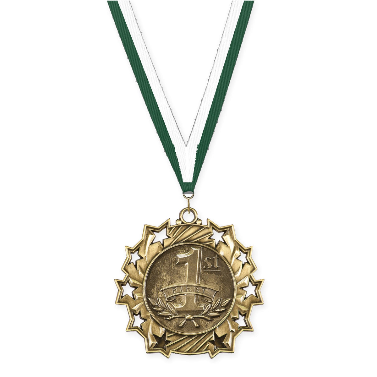 2 1/4 inch Place Ten Star medal in gold - 1st place with Hunter Green White neck ribbon