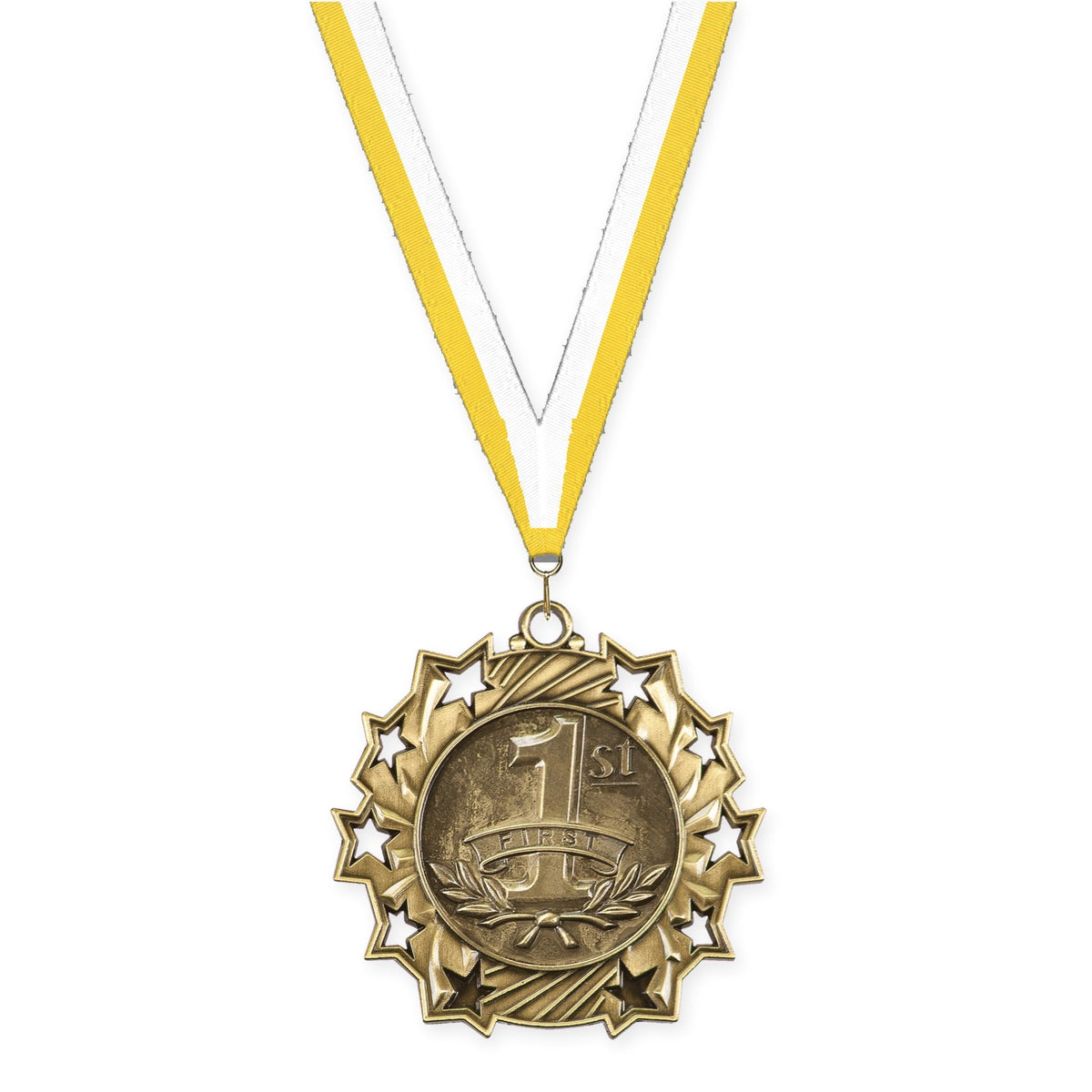 2 1/4 inch Place Ten Star medal in gold - 1st place with Yellow White neck ribbon