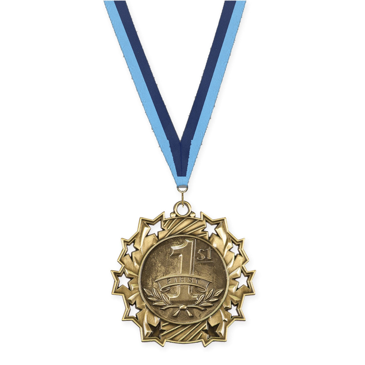 2 1/4 inch Place Ten Star medal in gold - 1st place with Light Blue Navy neck ribbon
