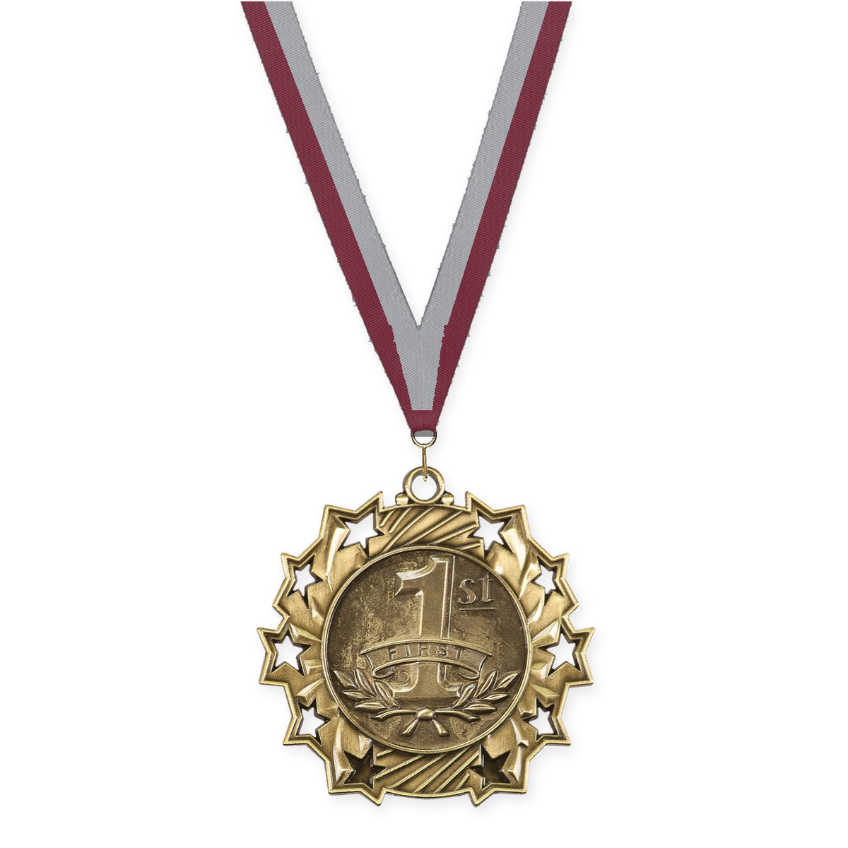 2 1/4 inch Place Ten Star medal in gold - 1st place with Maroon Gray neck ribbon