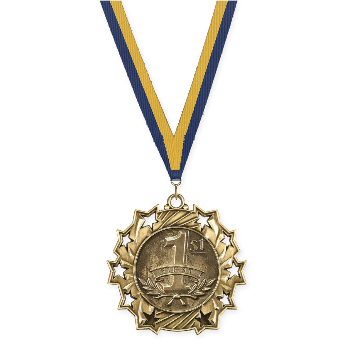 2 1/4 inch Place Ten Star medal in gold - 1st place with Navy Gold neck ribbon