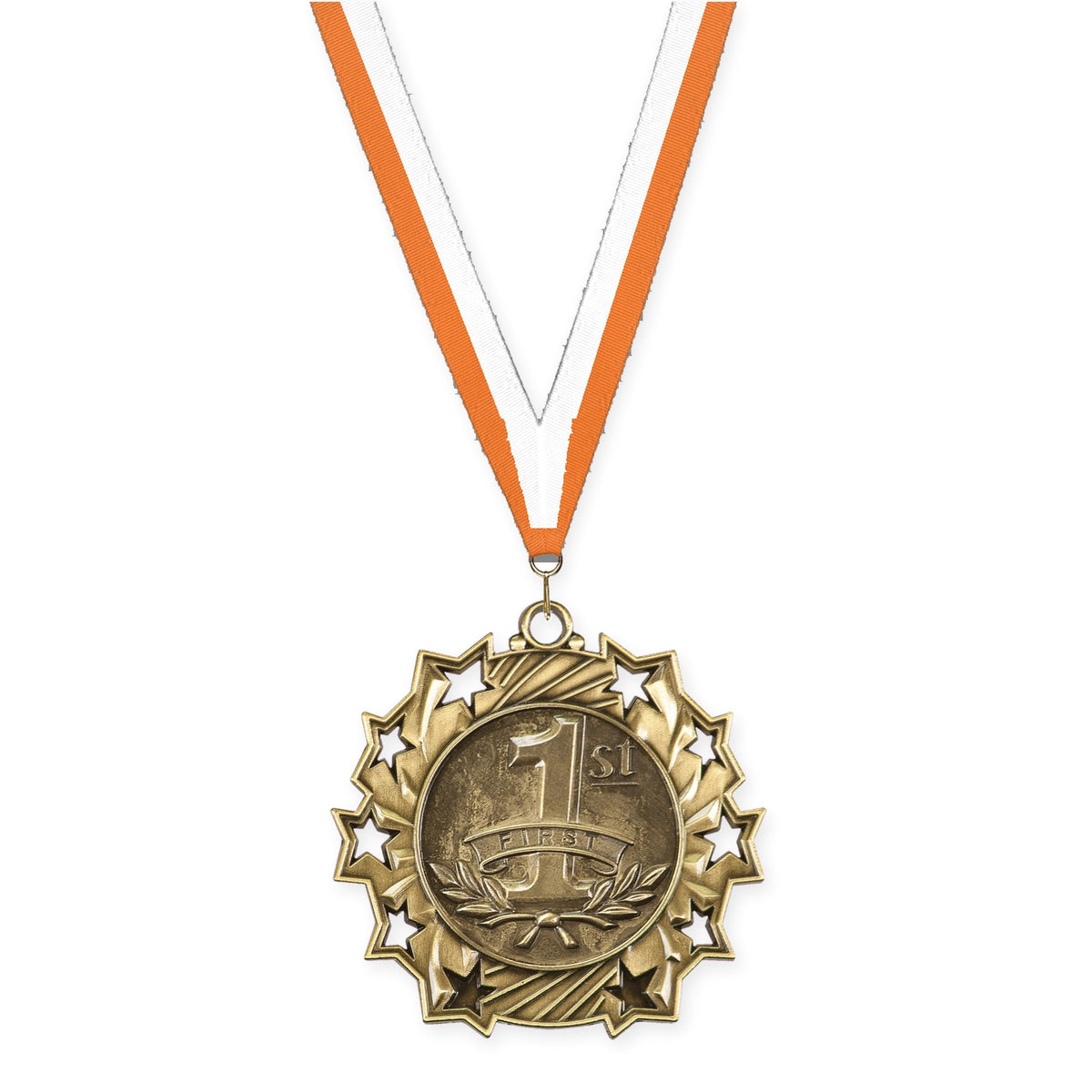 2 1/4 inch Place Ten Star medal in gold - 1st place with Orange White neck ribbon