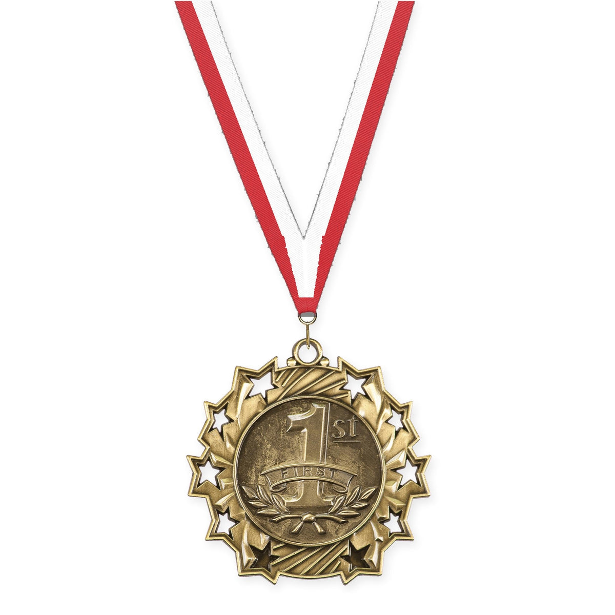 2 1/4 inch Place Ten Star medal in gold - 1st place with Red White neck ribbon