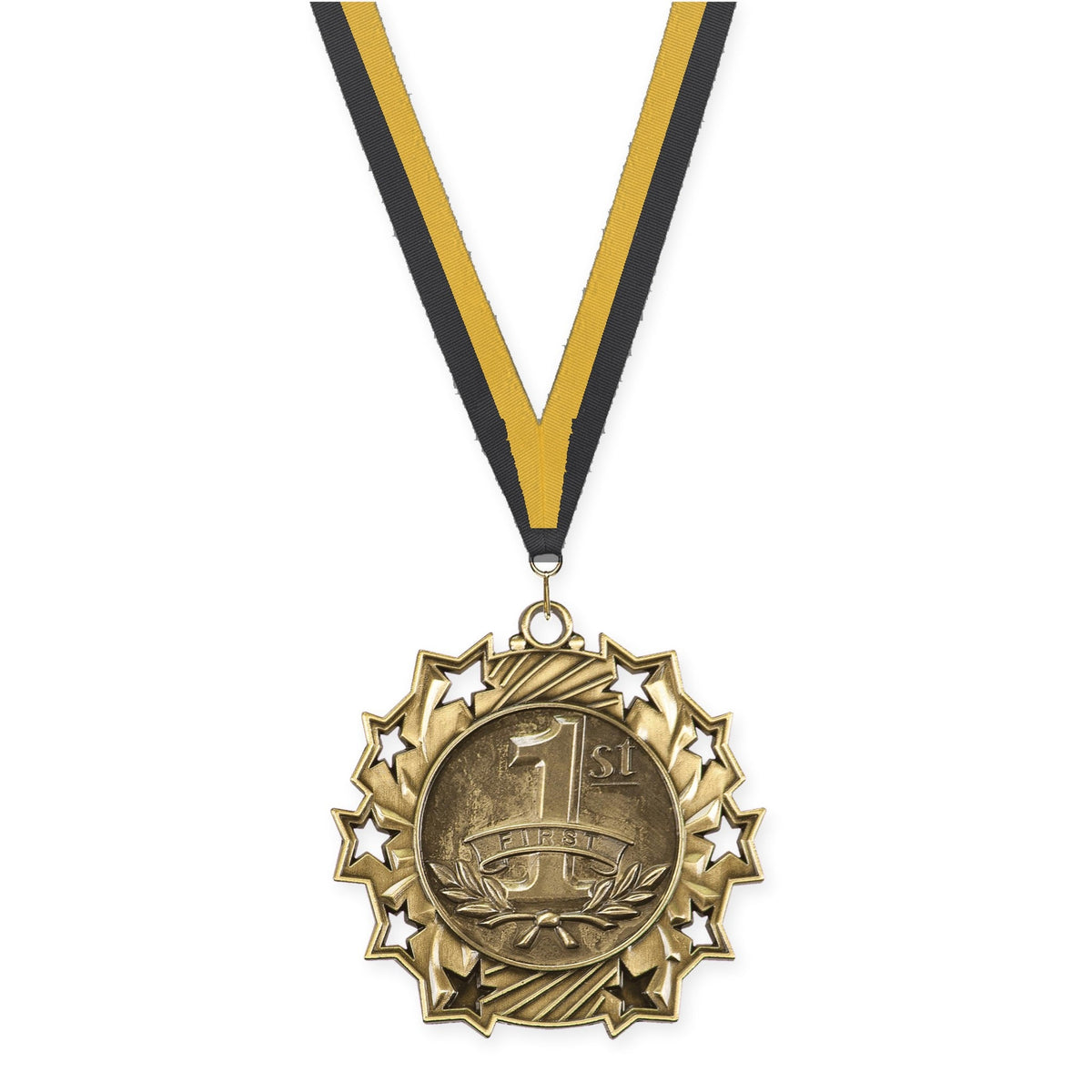 2 1/4 inch Place Ten Star medal in gold - 1st place with Black Gold neck ribbon