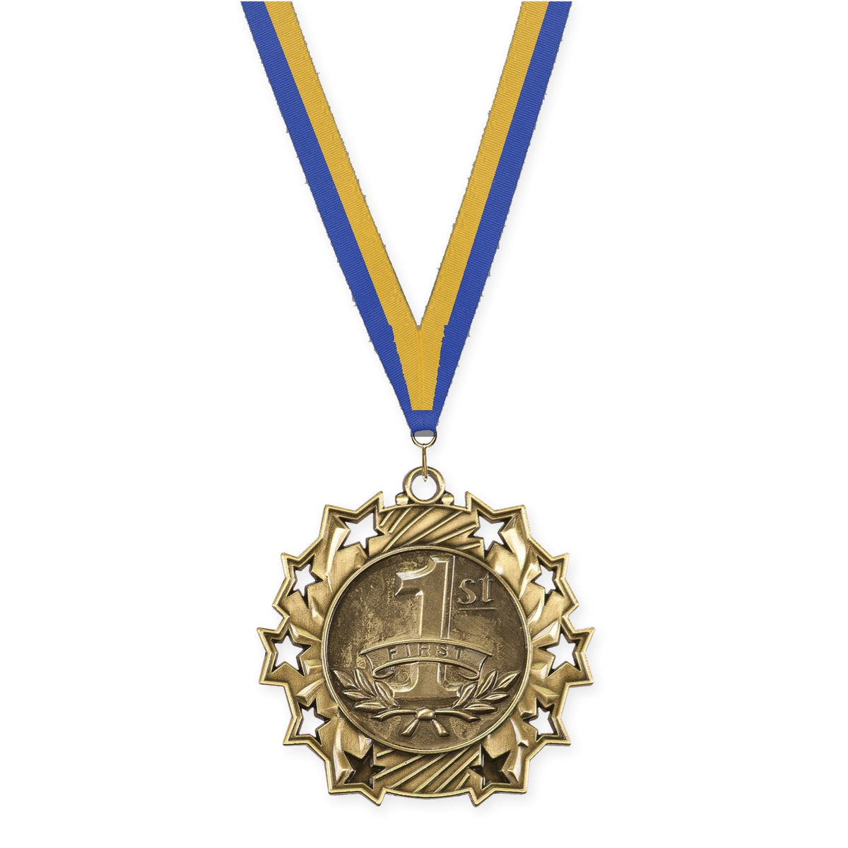 2 1/4 inch Place Ten Star medal in gold - 1st place with Blue Gold neck ribbon