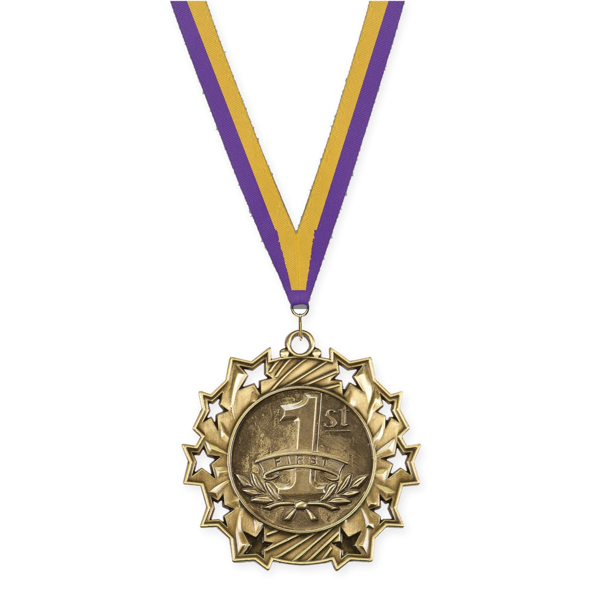 2 1/4 inch Place Ten Star medal in gold - 1st place with Purple Gold neck ribbon