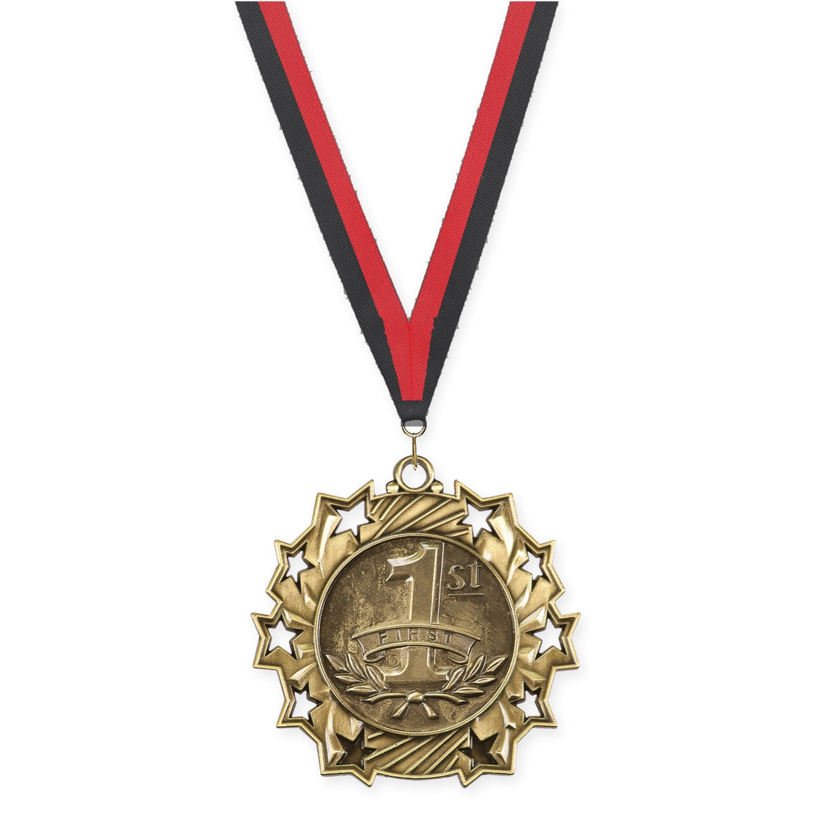 2 1/4 inch Place Ten Star medal in gold - 1st place with Black Red neck ribbon