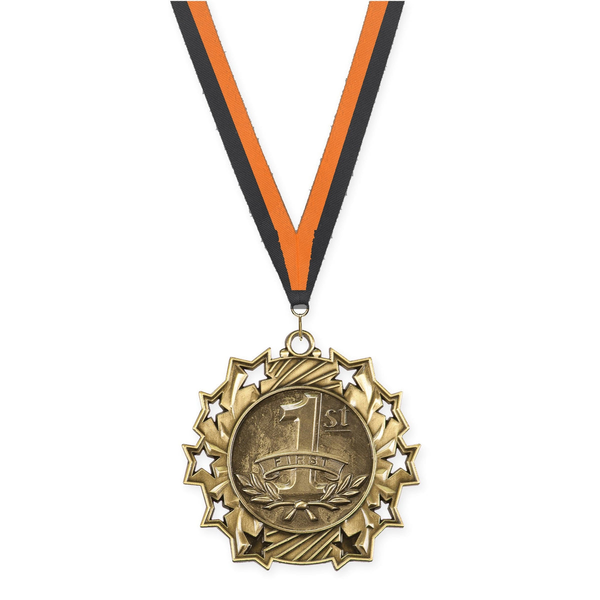 2 1/4 inch Place Ten Star medal in gold - 1st place with Black Orange neck ribbon