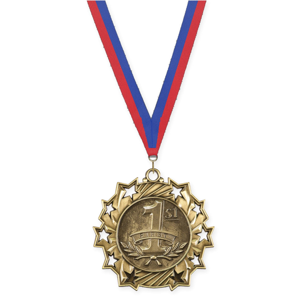 2 1/4 inch Place Ten Star medal in gold - 1st place with Blue Red neck ribbon