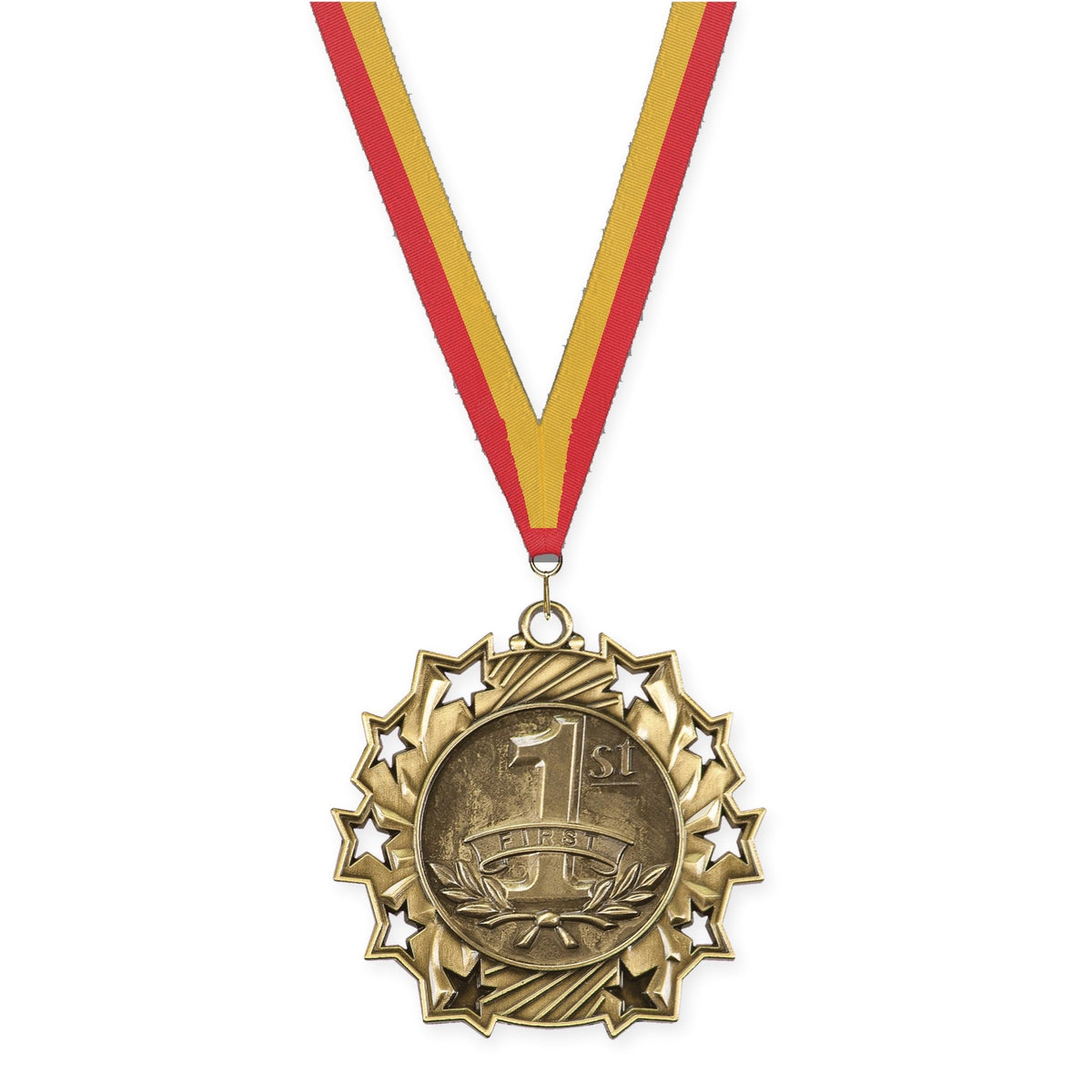 2 1/4 inch Place Ten Star medal in gold - 1st place with Red Gold neck ribbon