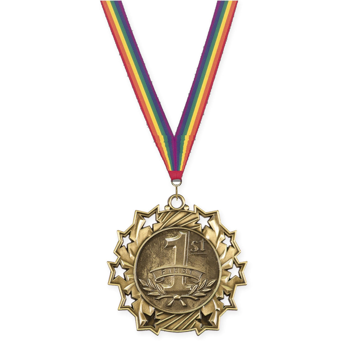 2 1/4 inch Place Ten Star medal in gold - 1st place with Rainbow neck ribbon