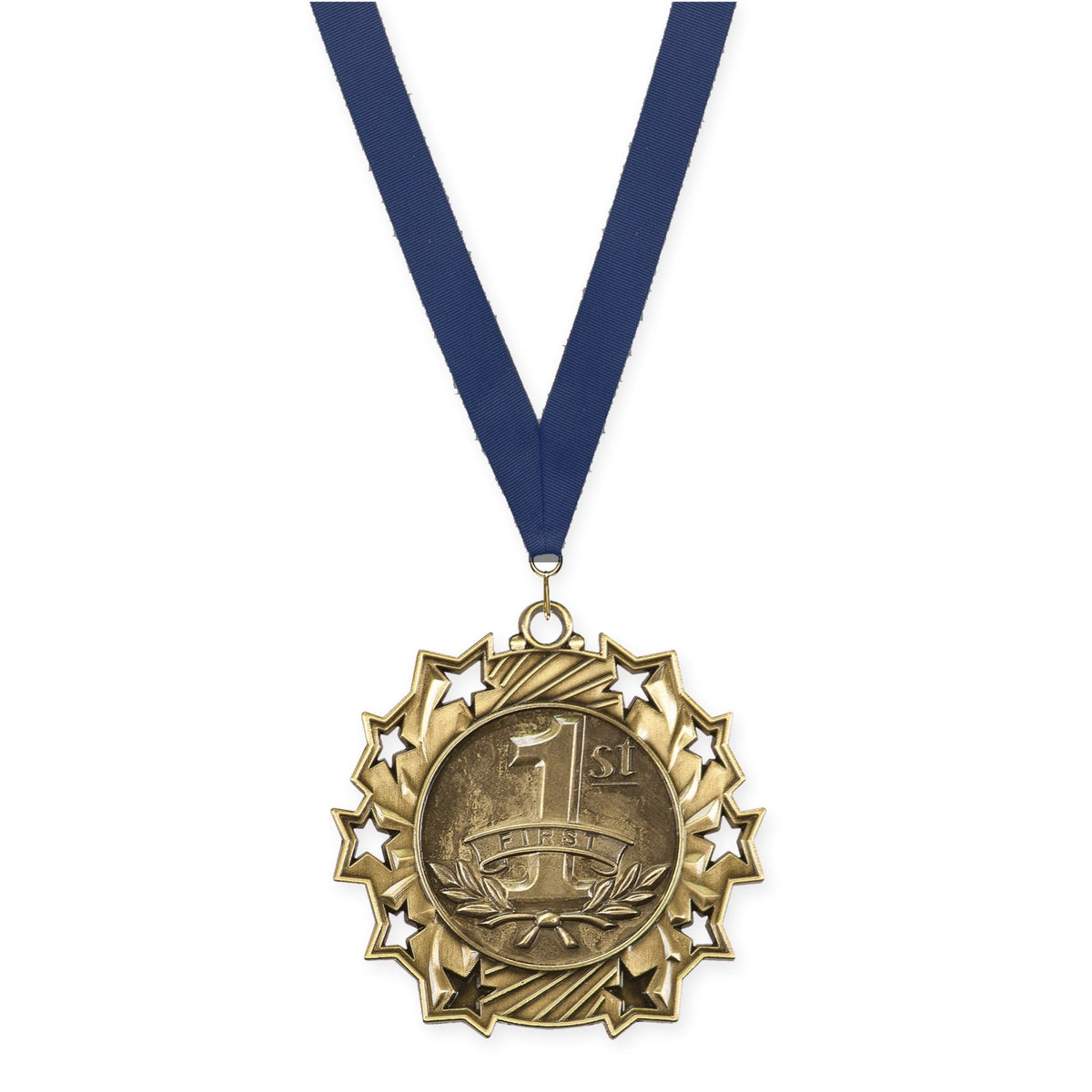 2 1/4 inch Place Ten Star medal in gold - 1st place with Navy neck ribbon
