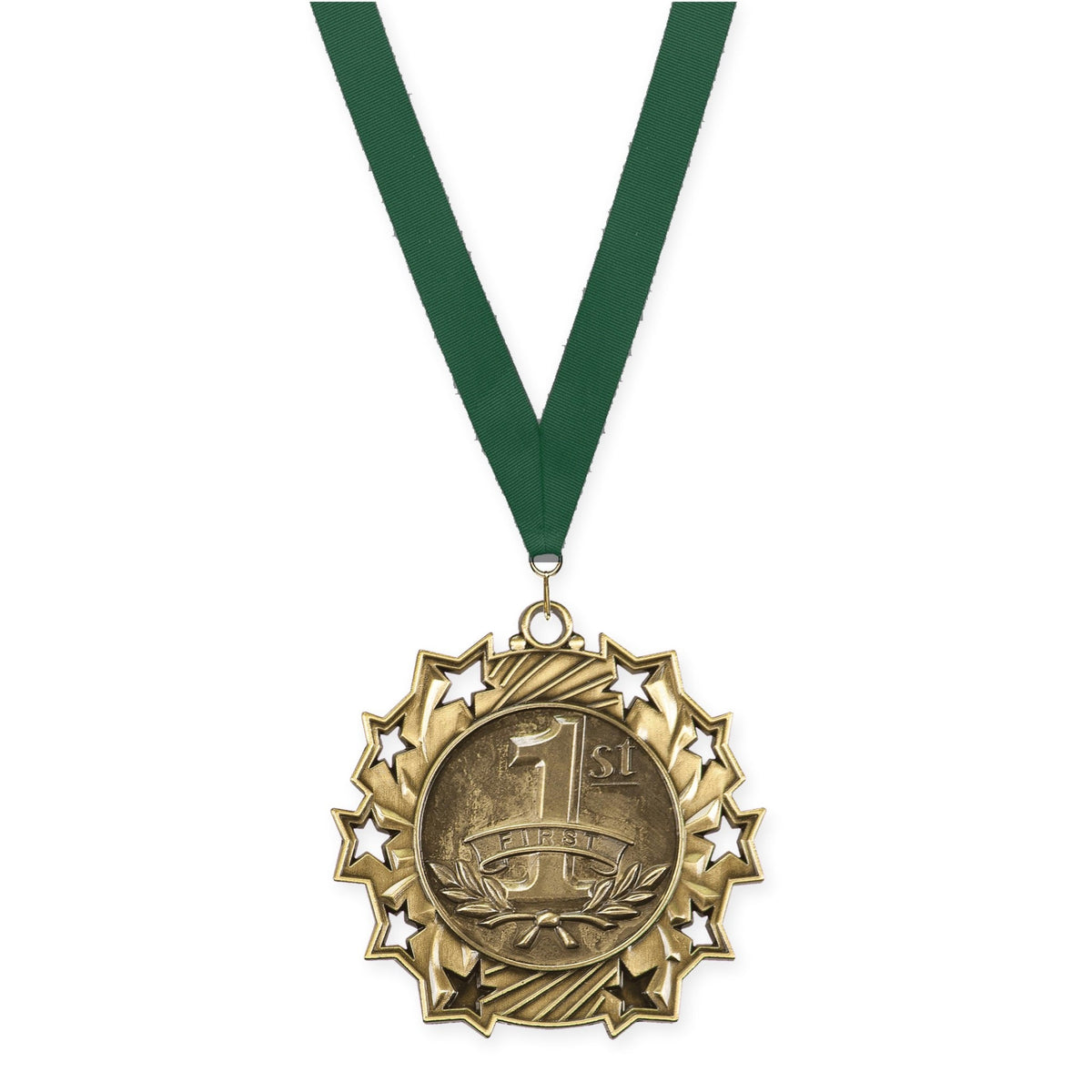 2 1/4 inch Place Ten Star medal in gold - 1st place with Hunter Green neck ribbon