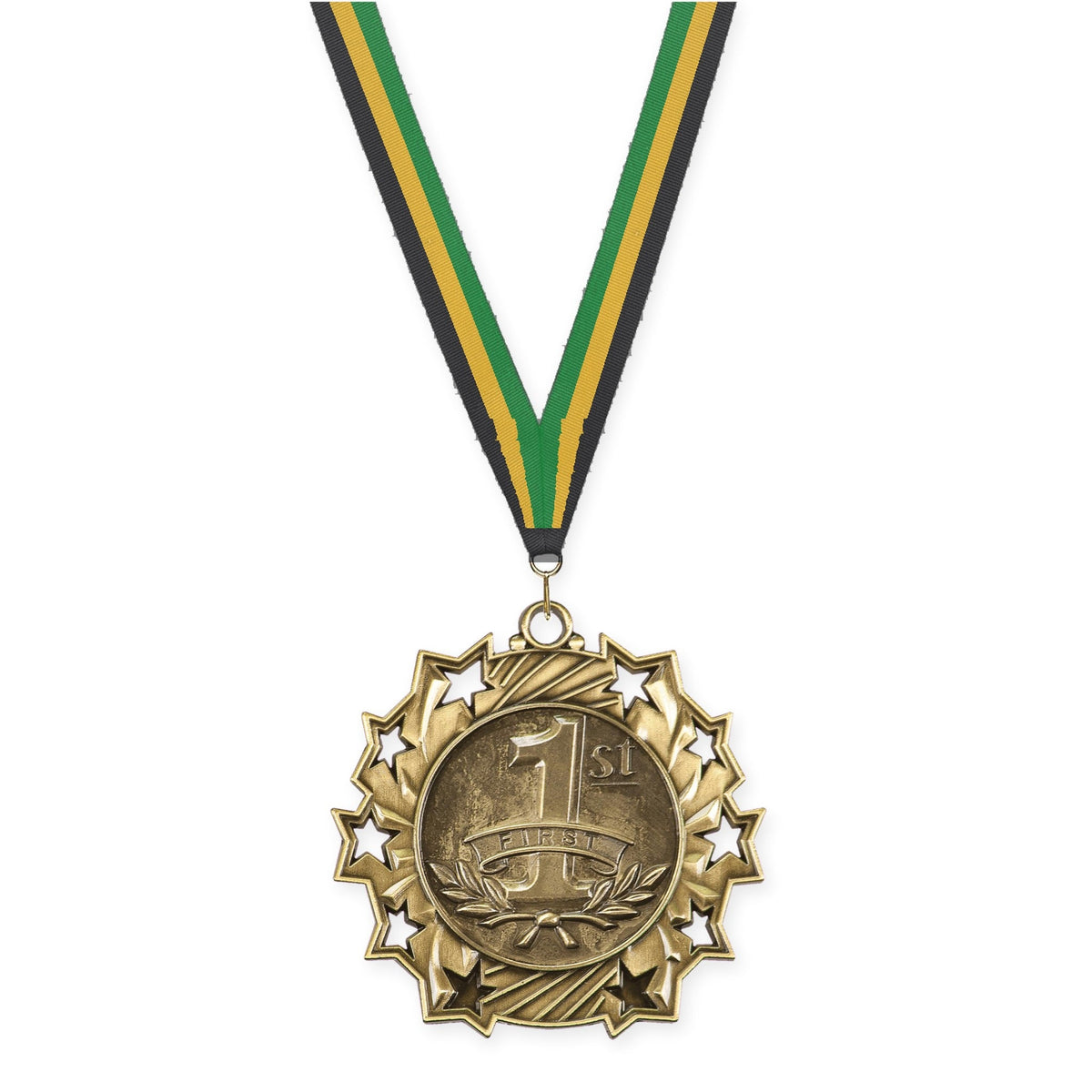 2 1/4 inch Place Ten Star medal in gold - 1st place with Black Gold Green neck ribbon