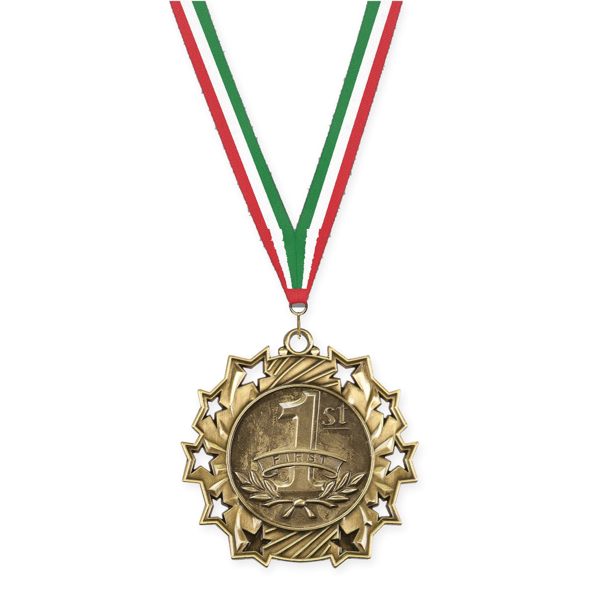2 1/4 inch Place Ten Star medal in gold - 1st place with Red White Green neck ribbon