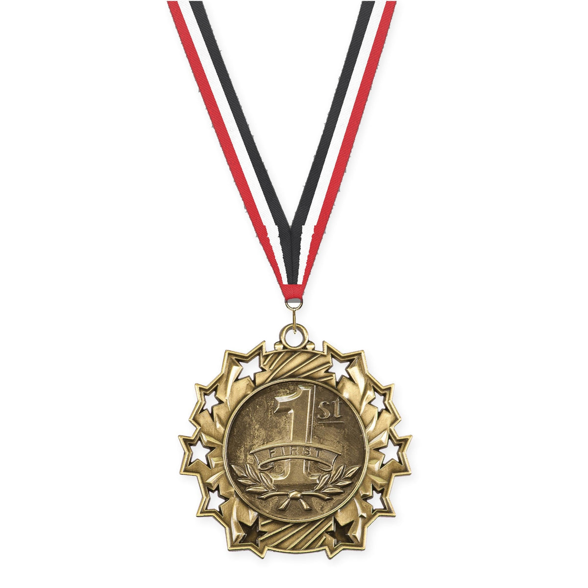 2 1/4 inch Place Ten Star medal in gold - 1st place with Red White Black neck ribbon