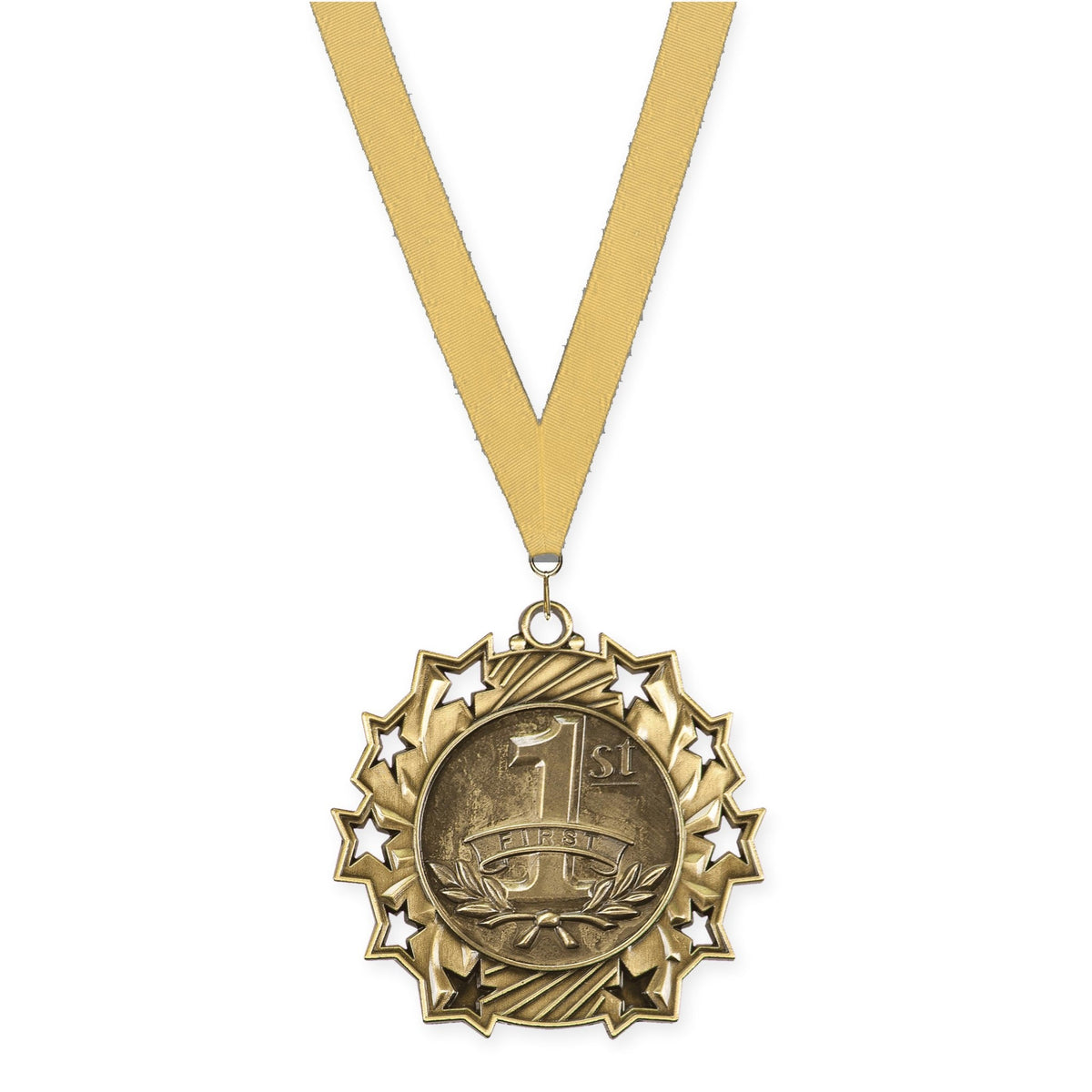 2 1/4 inch Place Ten Star medal in gold - 1st place with Gold Metallic neck ribbon
