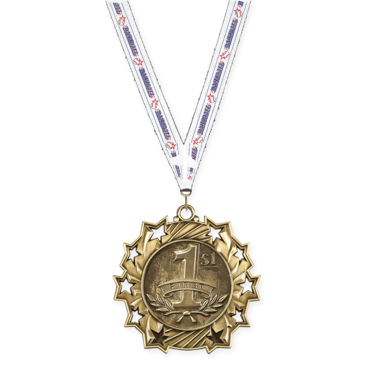 2 1/4 inch Place Ten Star medal in gold - 1st place with Baseball neck ribbon