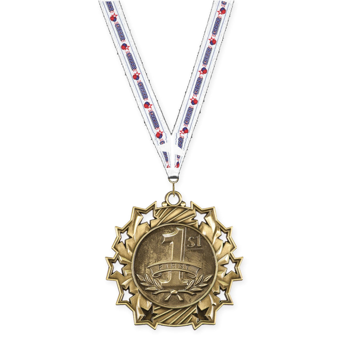 2 1/4 inch Place Ten Star medal in gold - 1st place with Cheerleading neck ribbon
