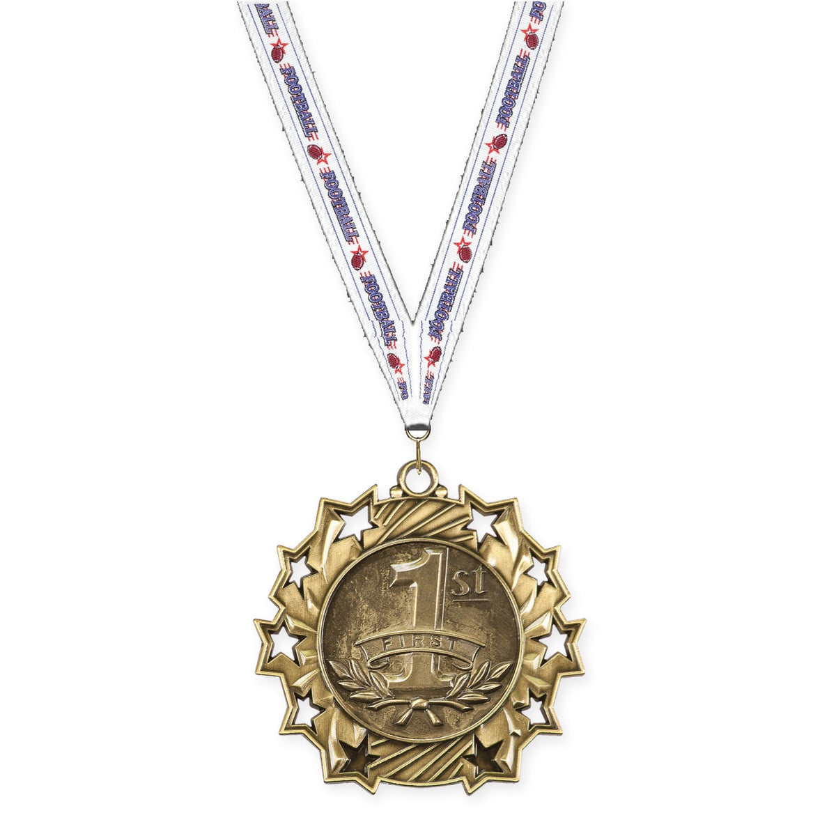 2 1/4 inch Place Ten Star medal in gold - 1st place with Football neck ribbon