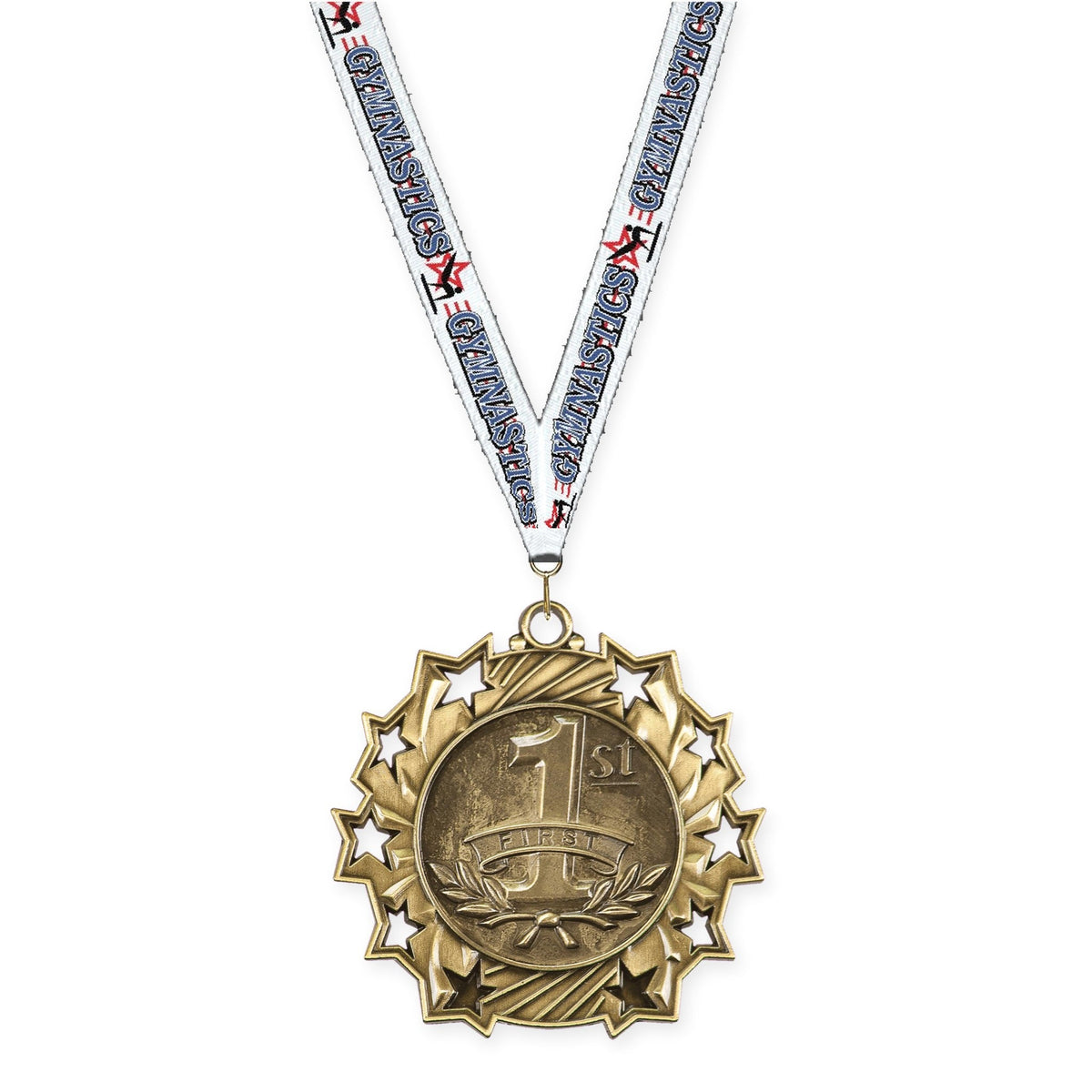 2 1/4 inch Place Ten Star medal in gold - 1st place with Gymnastics neck ribbon