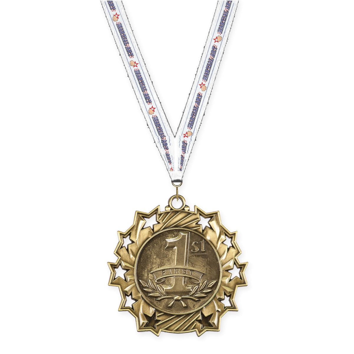 2 1/4 inch Place Ten Star medal in gold - 1st place with Martial Arts neck ribbon
