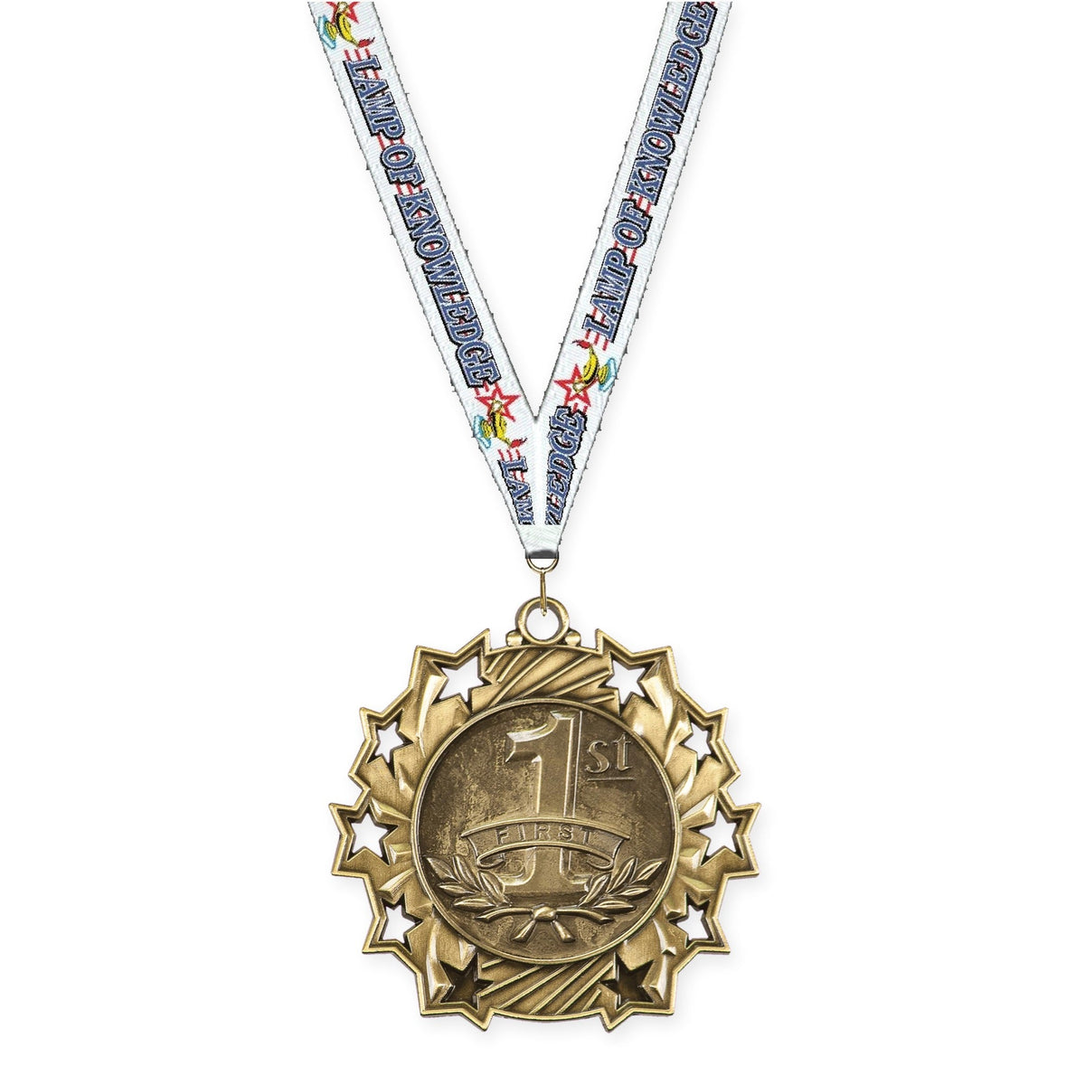 2 1/4 inch Place Ten Star medal in gold - 1st place with Lamp Of Knowledge neck ribbon