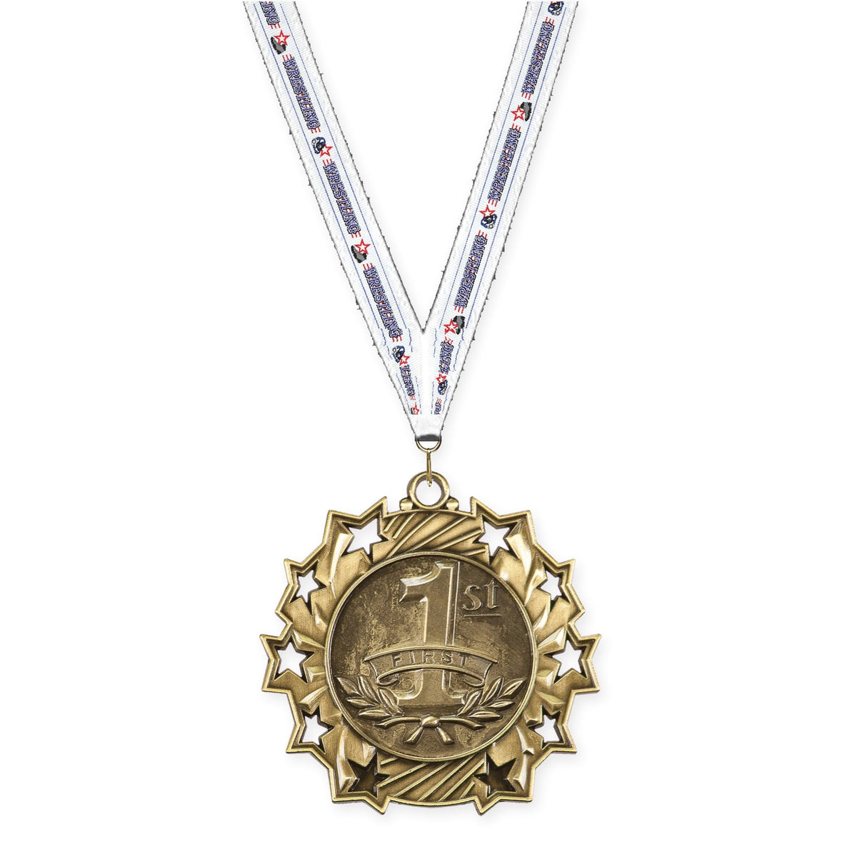 2 1/4 inch Place Ten Star medal in gold - 1st place with Wrestling neck ribbon