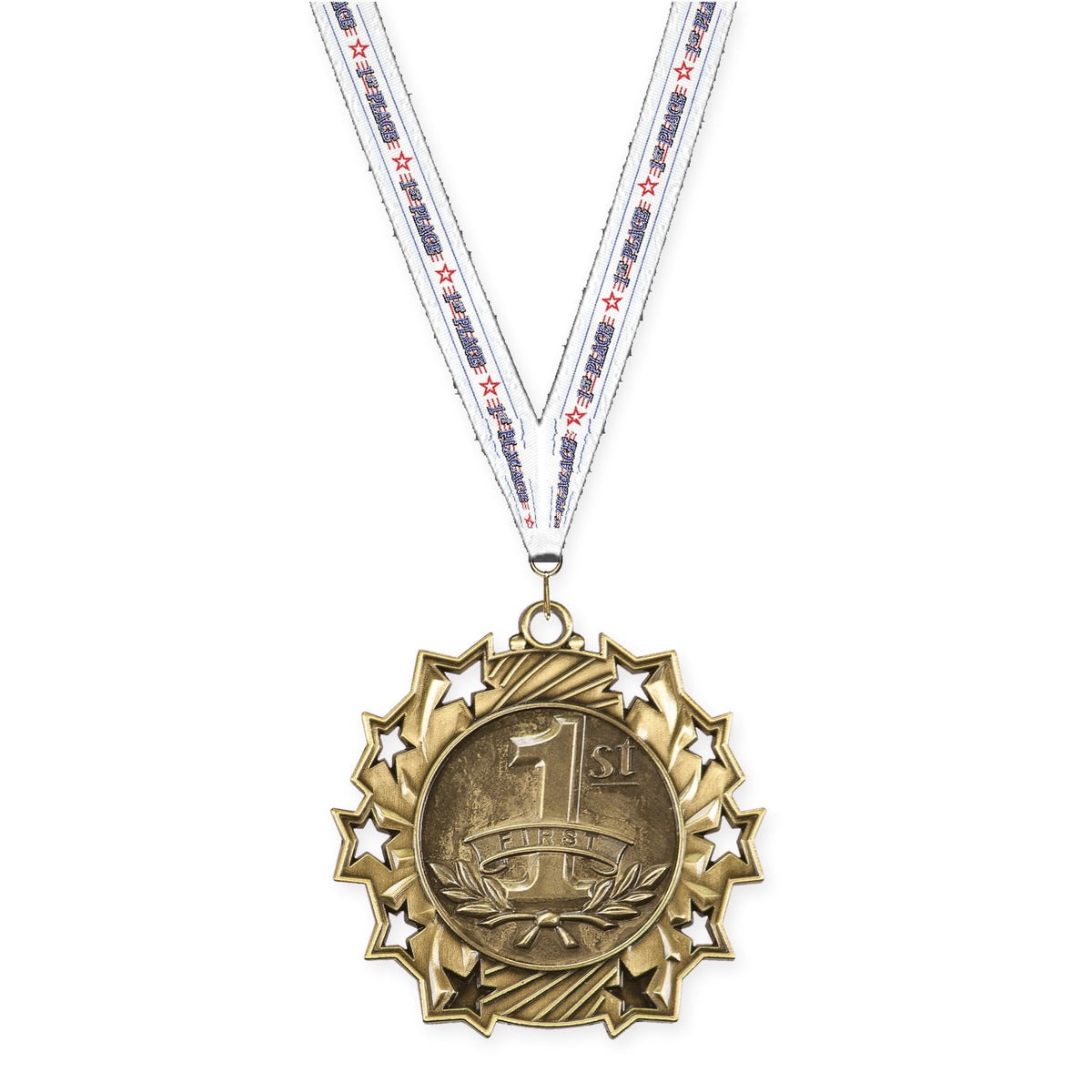 2 1/4 inch Place Ten Star medal in gold - 1st place with 1st Place neck ribbon