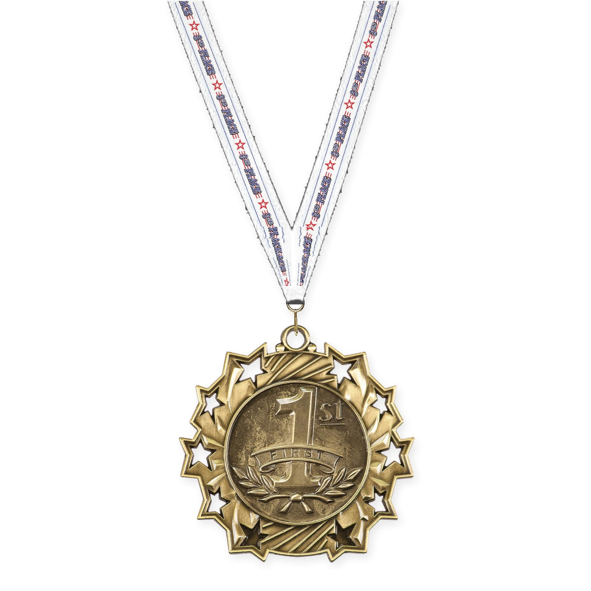 2 1/4 inch Place Ten Star medal in gold - 1st place with 3rd Place neck ribbon