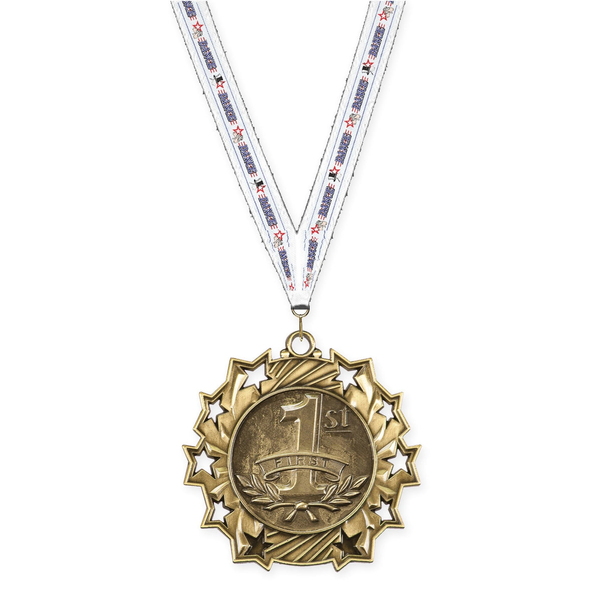 2 1/4 inch Place Ten Star medal in gold - 1st place with Dance neck ribbon