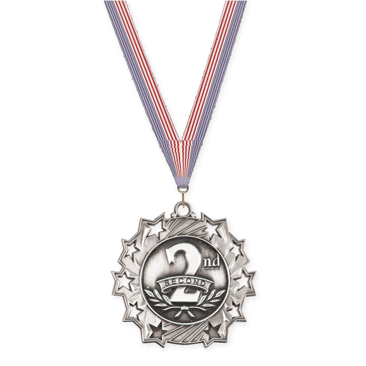 2 1/4 inch Place Ten Star medal in silver - 2nd place with USA Flag neck ribbon